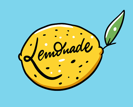 Lemonade calligraphy logo. Cartoon style. Vector illustration. Isolated on blue background. Design for menu cafe and bar.