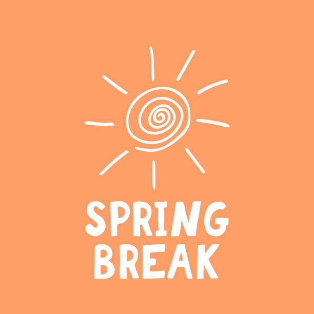 spring break lettering, sun. poster, banner, card, flyer. sketch hand drawn doodle style. vector minimalism. vacation party beach orange white