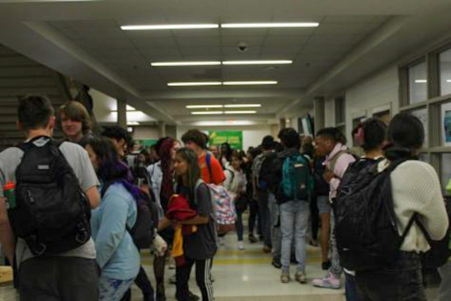 The commotion of students between class changes can be seen here on the second floor for the school.