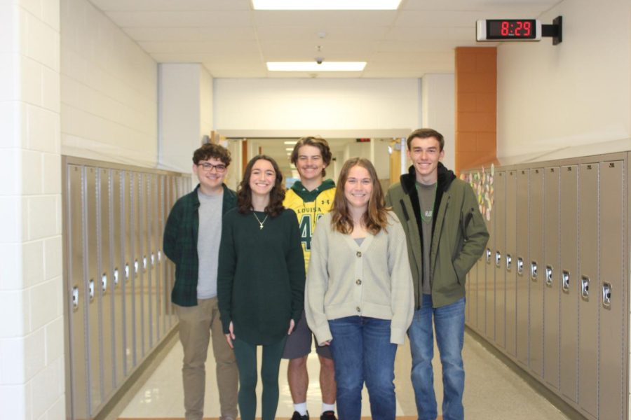 Casen Dulaney, Hannah Hearn, Lawton Rowan, Grace Hobbs and Zach Coleman wearing green to support the juniors in the pride wars competition. 