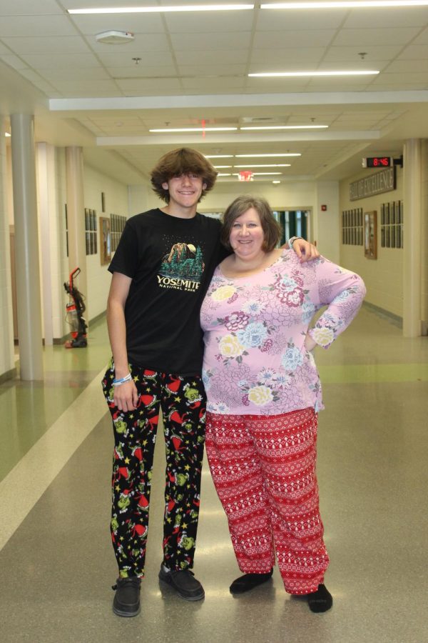 Becky Walters and her son Andrew Walters posing for pajama day.