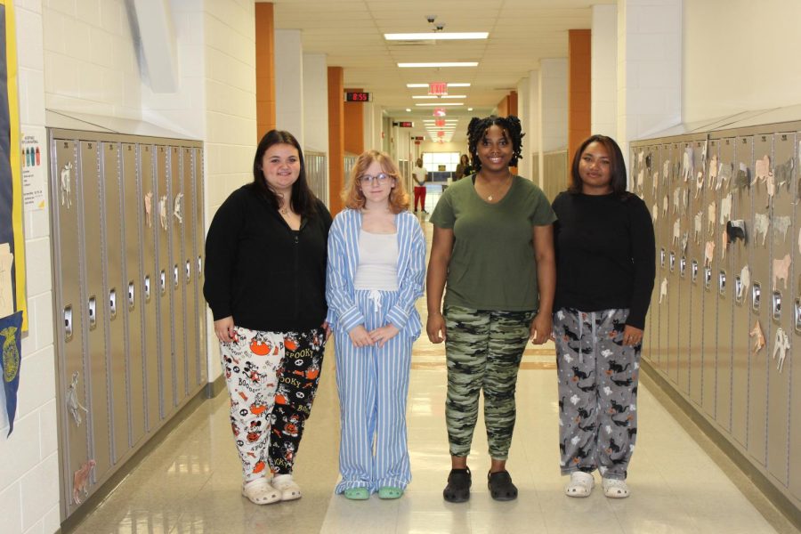 Brittney Dishman, Delilah Thomas, Michelle Ford and Jayla Bright in their pajamas during the homecoming spirit week. 