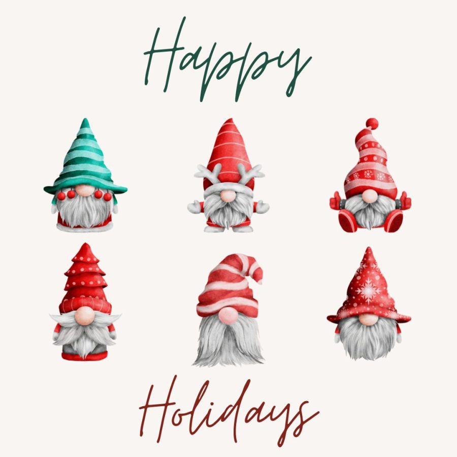 Image features holiday gnomes to represent the festive spirit. 