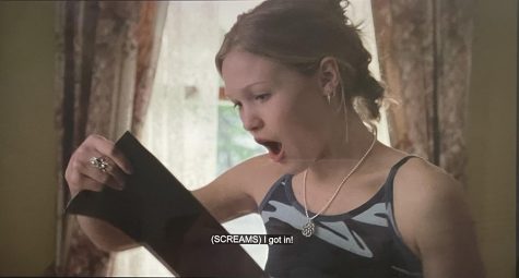 Julia Stiles featured above playing Kat Straford in 10 Things I Hate About You, showing her excitement when receiving her acceptance letter to her dream school. 