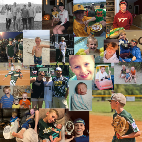 Picture collage highlighting Chases childhood with family and baseball. 