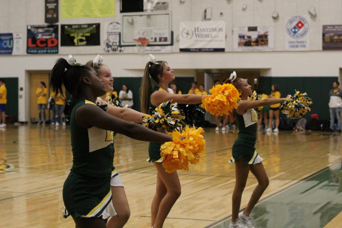 Cheerleaders on the sidelines hyping up the sophomore section during the pep-rally.