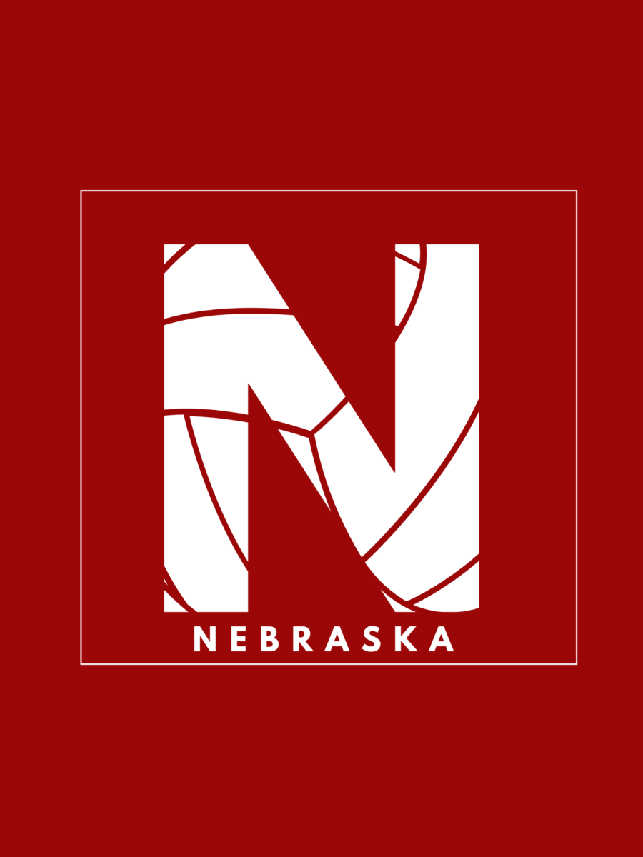 Canva image created and inspired by the Nebraska Huskers logo with the theme of volleyball.
