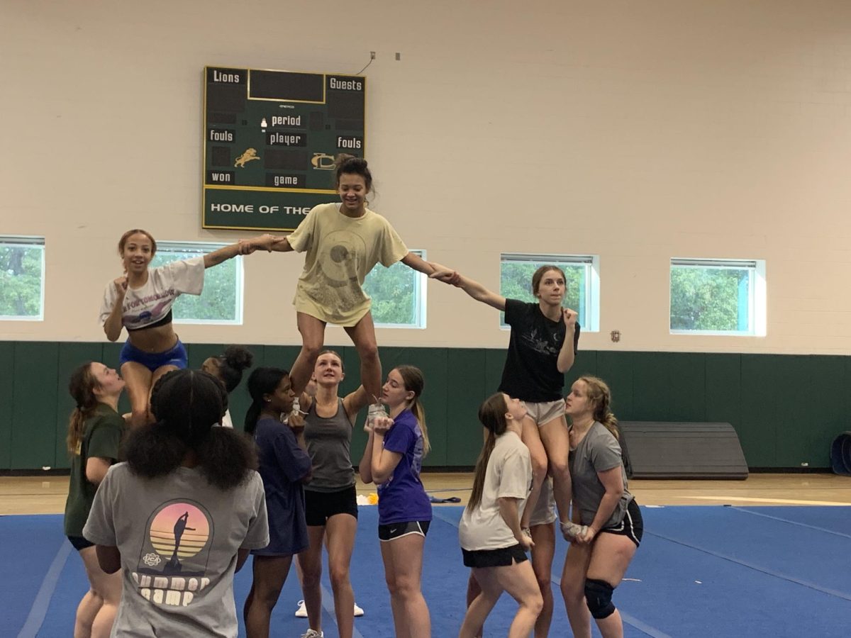 Competition cheerleaders performing their routine at their Wednesday practice in the back gym.