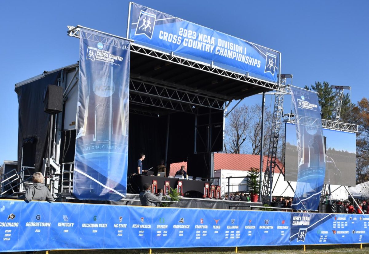 The stage holding the NCAA trophies that would later be taken home by NC state for Woman and Oklahoma State for Men along with individual winners.