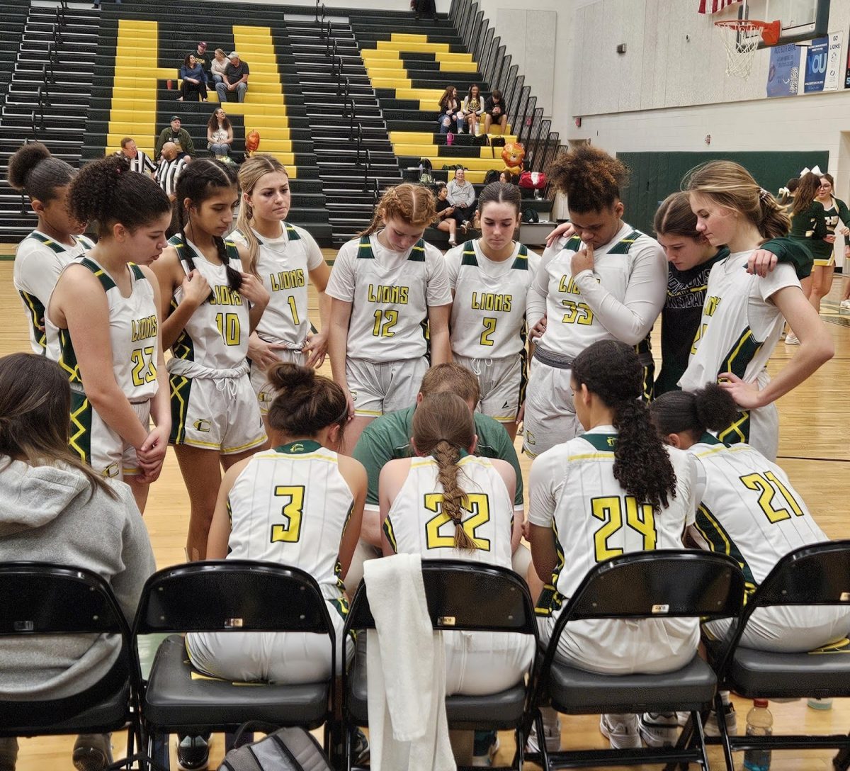The Lady Lions varsity basketball team huddled together during a timeout in their game against Albemarle 