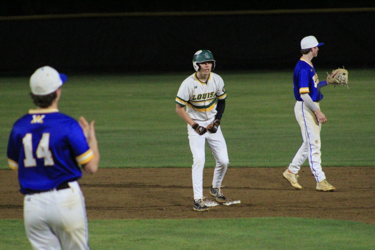 Senior Connor Downey getting hype after hitting a double.