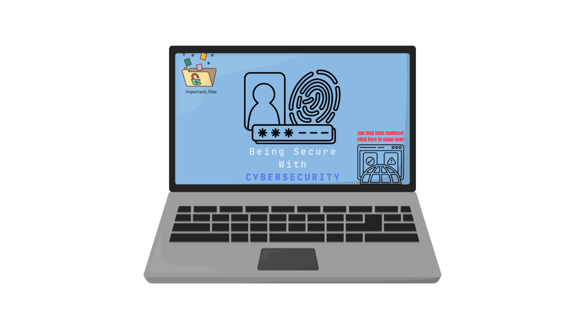A png of a laptop and various things relating to cyber security, made in Canva.