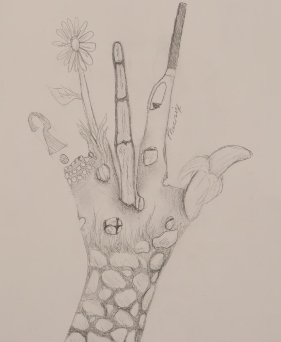 A sketch of a hand with different kinds of fingers. Made by Aurora Kekel.