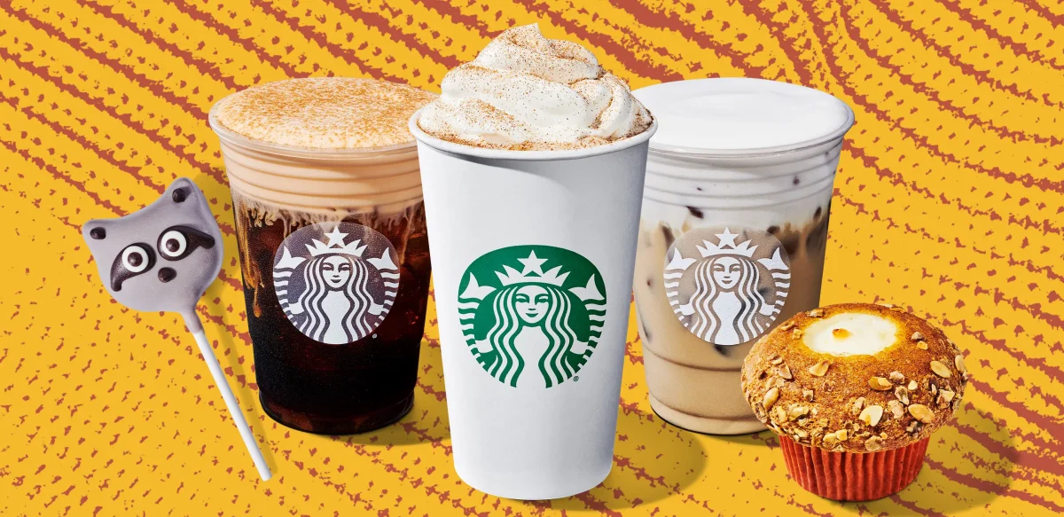 Image displays three of Starbucks fall drinks, as well as two of their bakery items. Courtesy of Starbucks Stories & News