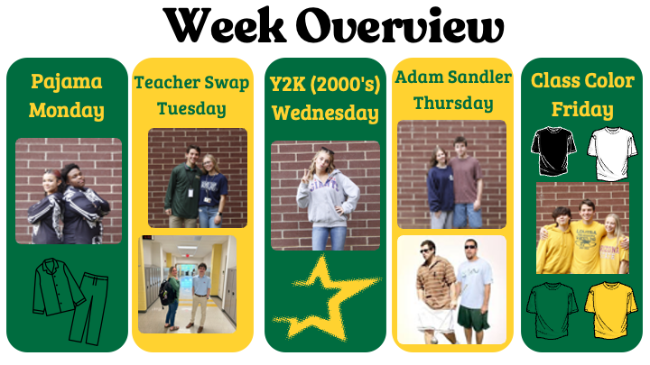 Week overview Monday is pajama day, Tuesday is Teacher-Swap, Wednesday is Y2K (2000's), Thursday is Adam Sandler Day, and Friday Class Color Day.