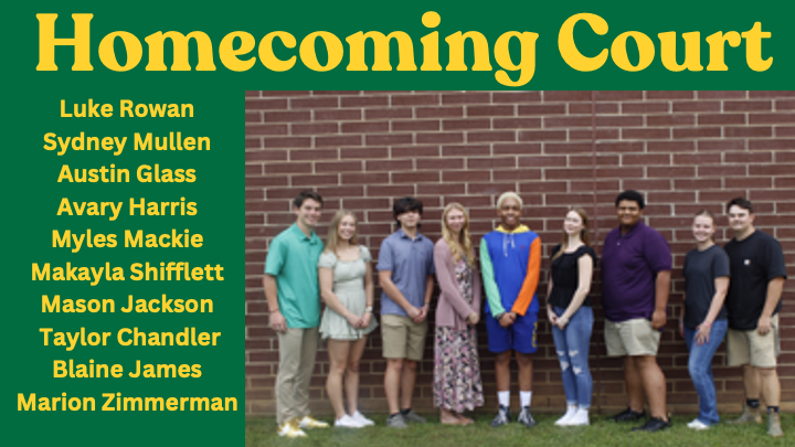 The 2024 Homecoming Court: Luke Rowan, Sydney Mullen, Austin Glass, Avary Harris, Myles Mackie, Makayla Shifflett, Mason Jackson, Taylor Chandler, Blaine James, and Marion Zimmerman.