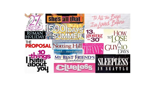 Image made on Canva displaying titles of popular rom-coms, like “Notting Hill,” “27 Dresses,” and “Roman Holiday.” Original movie poster titles courtesy of Paramount Pictures, Touchstone Pictures, Netflix, 20th Century Studios, Miramax, Searchlight Pictures, Columbia Pictures, Universal Pictures, and TriStar Pictures. 