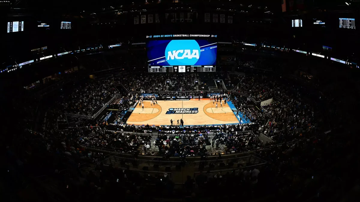 Sky view of the "First Four' court in Dayton, Ohio. (Courtesy of David Worlock and the NCAA)