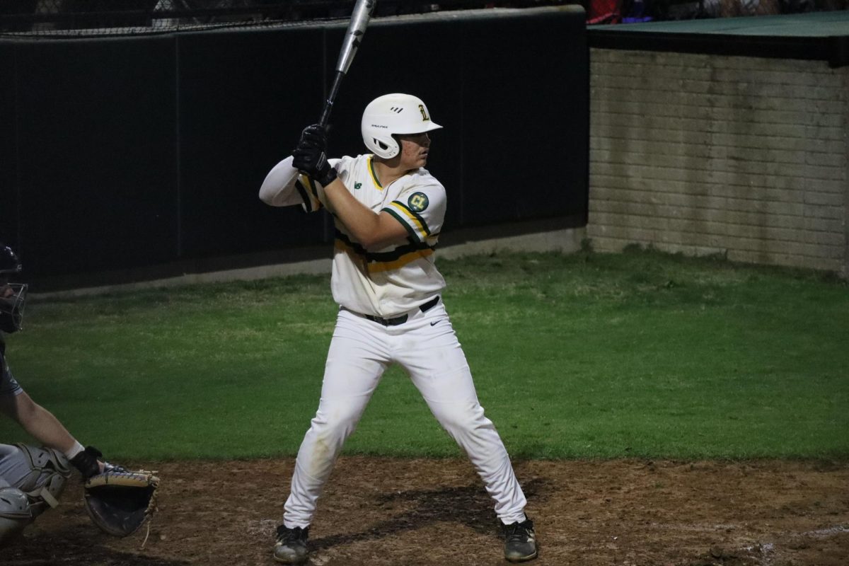 Jayden Thompson, in his stance, is preparing to hit a pitch.
