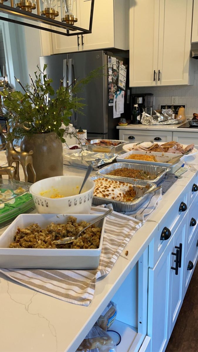 During Thanksgiving, a spread of all the dishes and courses are laid out for pickings. 