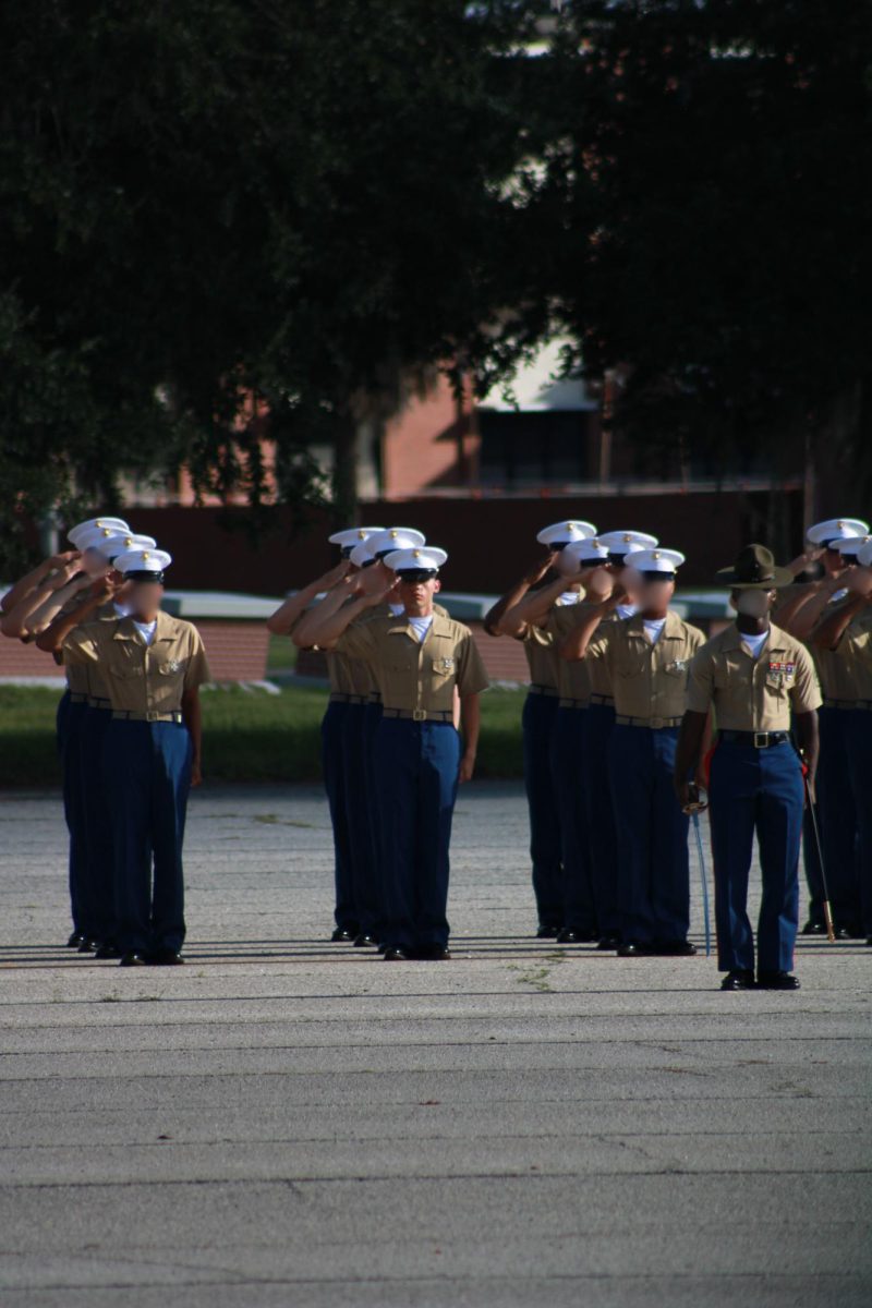 Graduates salute during the Graduation Ceremony.  