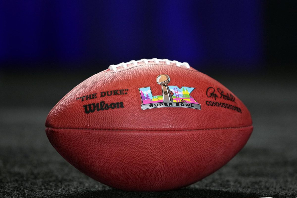 Feb 10, 2025; New Orleans, LA, USA; A Wilson official NFL Duke football with the Super Bowl LX (60) logo at the Super Bowl LIX host committee handoff press conference. Mandatory Credit: Kirby Lee-Imagn Images