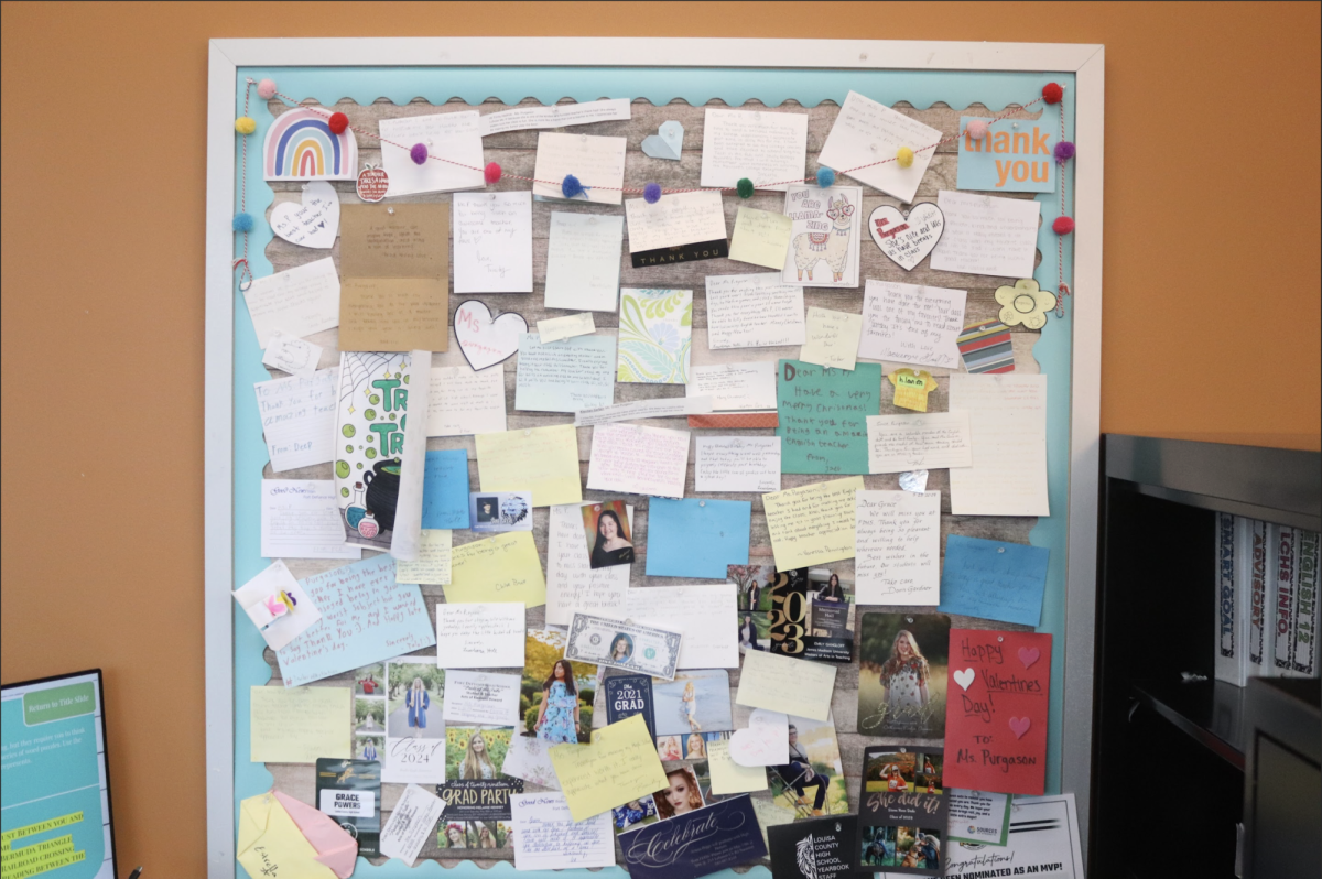 Powers' collection of student written notes from across her career, showing how much she tries to make a connection with all of her students.