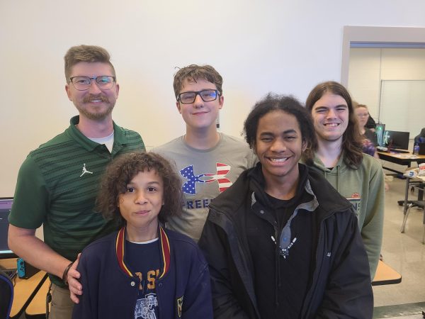 The Mario Kart team from left to right (top row: Coach Varner, Garrett Spath, Jeremiah Clendenny. bottom row: Cadyn Winfrey, Jaiden Jackson-Swift.) Photo courtesy of Cary Varner.